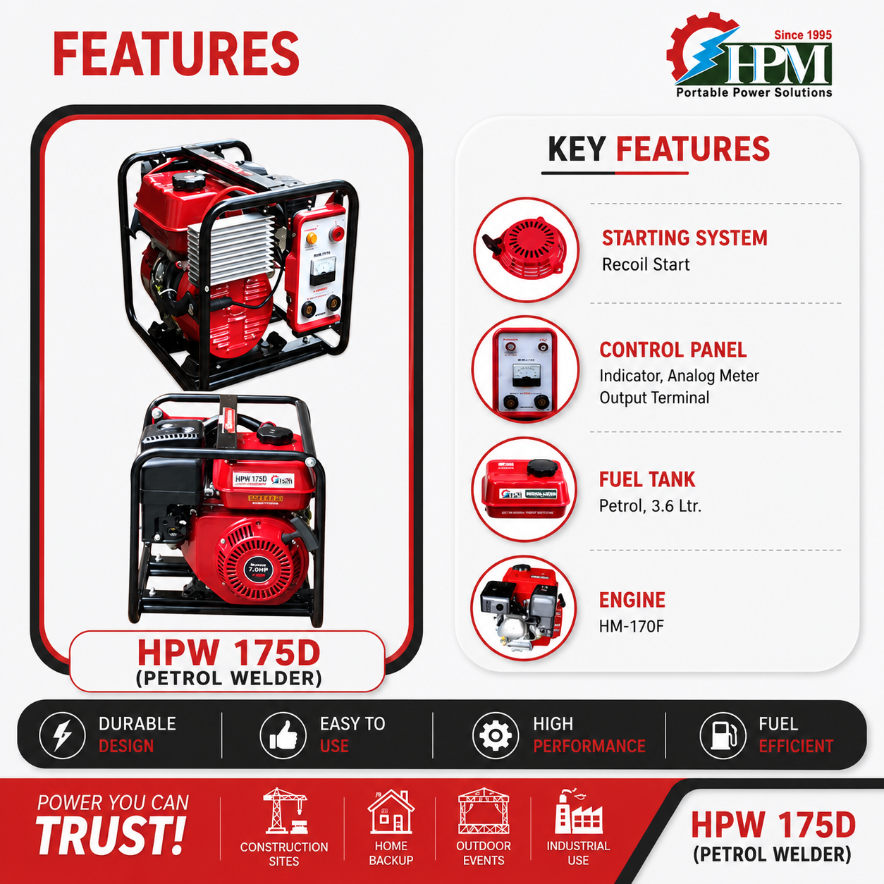 200 Amps Petrol Welding Generator, World’s Ultra Light& Low Cost Arc Welding Machine with Recoil Start Model HPW-175D-AC